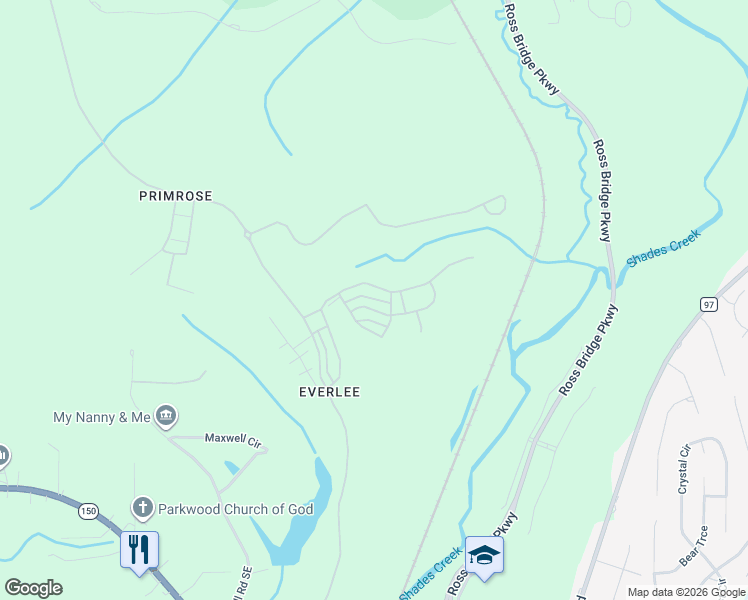 map of restaurants, bars, coffee shops, grocery stores, and more near 150 Maxwell Circle in Bessemer