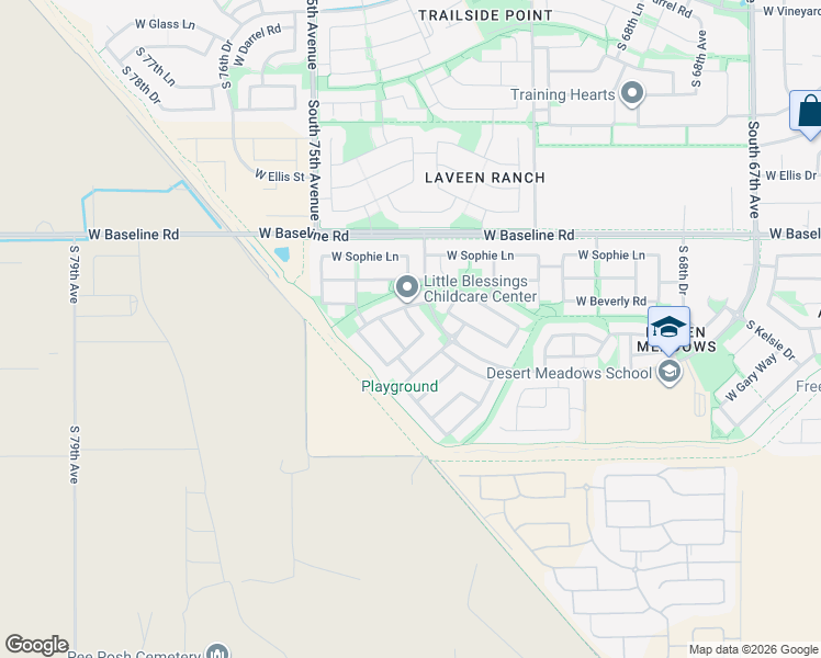 map of restaurants, bars, coffee shops, grocery stores, and more near 7908 South 73rd Drive in Phoenix