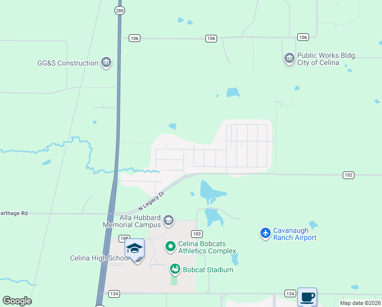 map of restaurants, bars, coffee shops, grocery stores, and more near 10205 County Road 102 in Celina