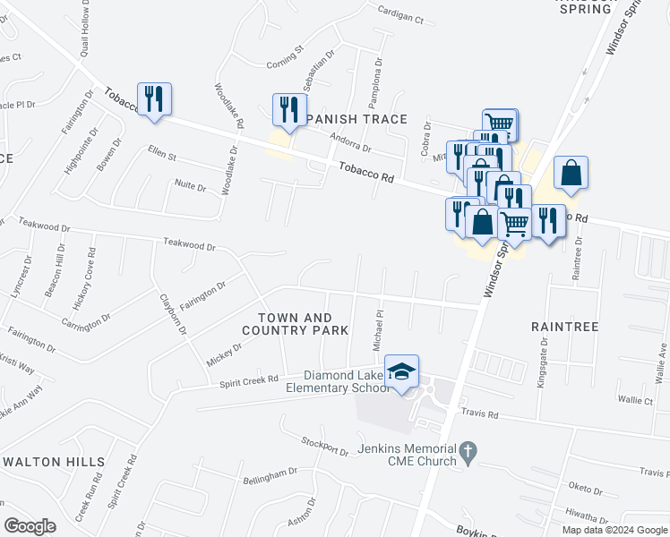 map of restaurants, bars, coffee shops, grocery stores, and more near 4110 Broxton Court in Hephzibah