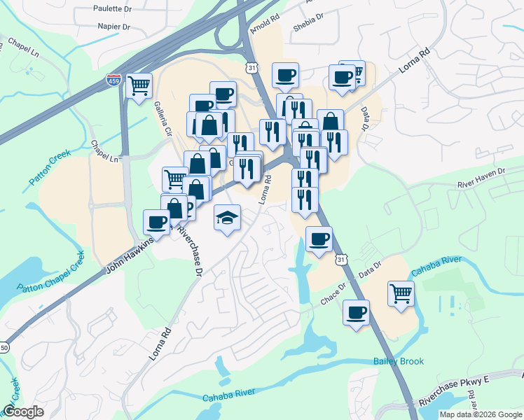 map of restaurants, bars, coffee shops, grocery stores, and more near 1915 Waterford Place in Hoover