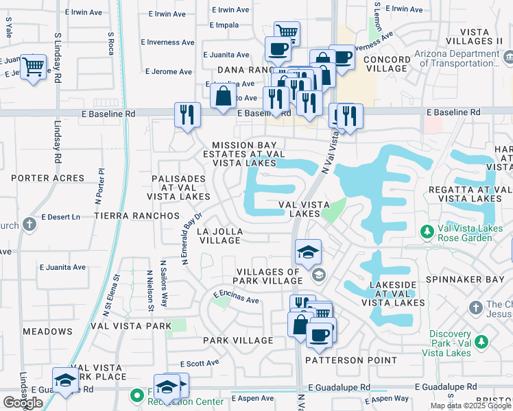 map of restaurants, bars, coffee shops, grocery stores, and more near 1312 East Treasure Cove Drive in Gilbert