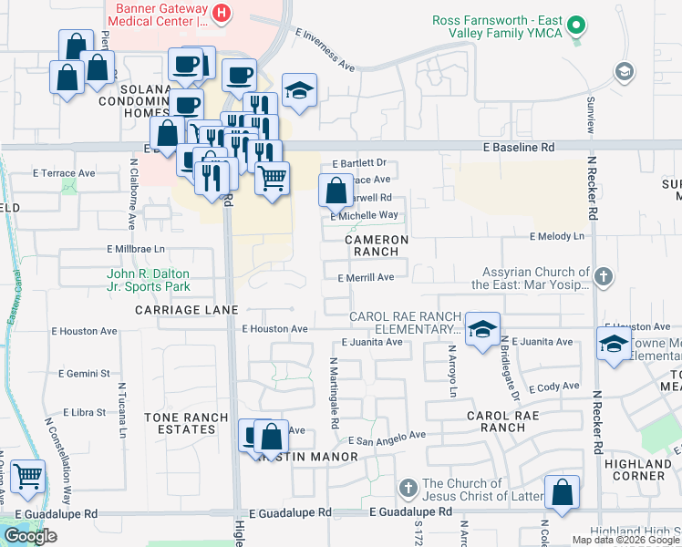 map of restaurants, bars, coffee shops, grocery stores, and more near 3456 East Gary Way in Gilbert