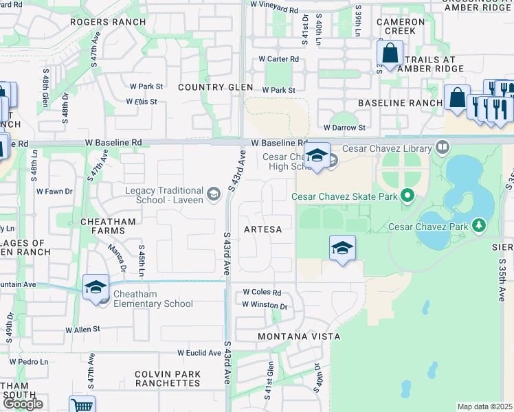 map of restaurants, bars, coffee shops, grocery stores, and more near 8125 South 43rd Avenue in Phoenix