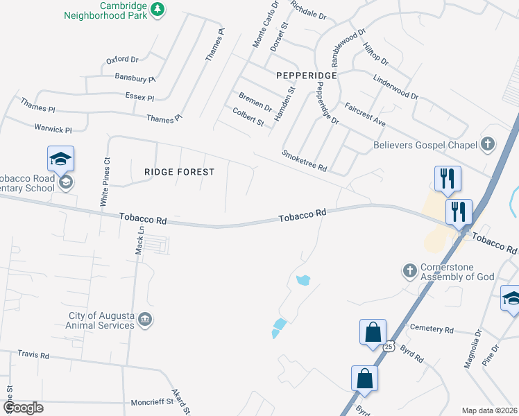 map of restaurants, bars, coffee shops, grocery stores, and more near 2341 Tobacco Road in Augusta