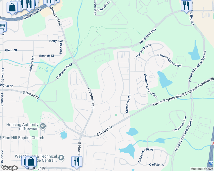 map of restaurants, bars, coffee shops, grocery stores, and more near 11 Jacks Drive in Newnan