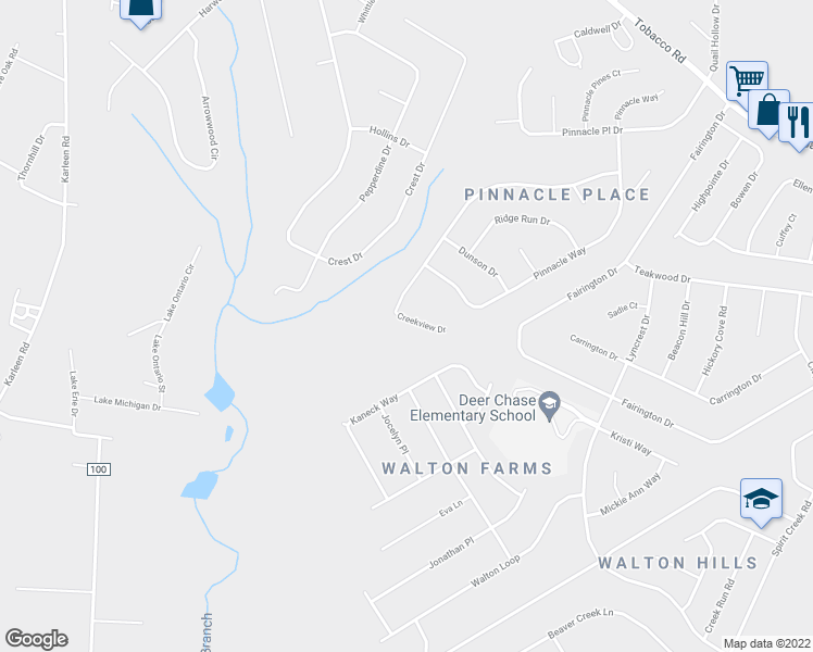 map of restaurants, bars, coffee shops, grocery stores, and more near 4389 Creekview Drive in Hephzibah