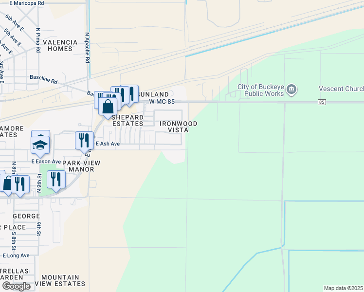 map of restaurants, bars, coffee shops, grocery stores, and more near 1641 East Ash Avenue in Buckeye