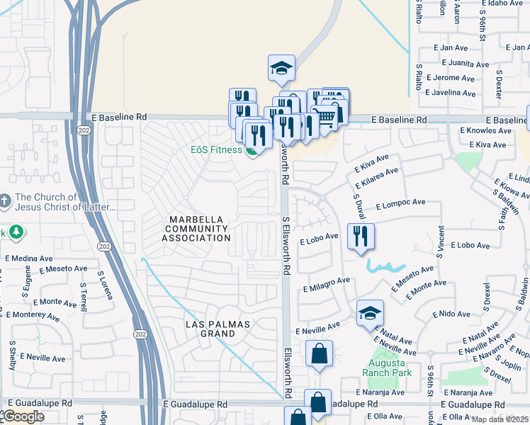 map of restaurants, bars, coffee shops, grocery stores, and more near South Ellsworth Road in Mesa