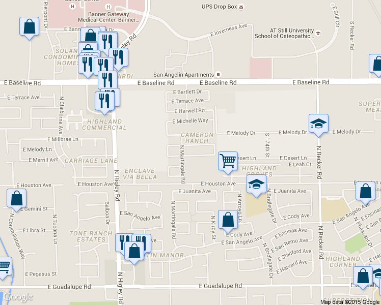 map of restaurants, bars, coffee shops, grocery stores, and more near 3514 East Gary Way in Gilbert