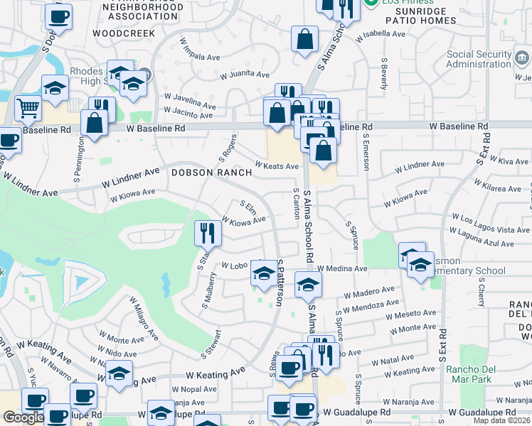 map of restaurants, bars, coffee shops, grocery stores, and more near 2228 South Patterson in Mesa