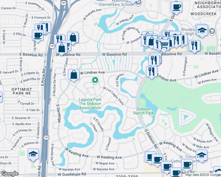 map of restaurants, bars, coffee shops, grocery stores, and more near 2319 West Lompoc Circle in Mesa