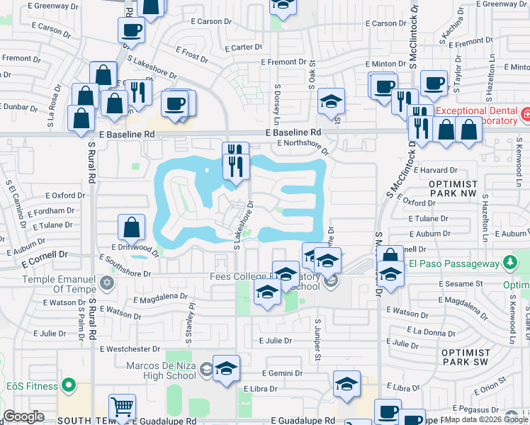 map of restaurants, bars, coffee shops, grocery stores, and more near 1225 East Commodore Place in Tempe