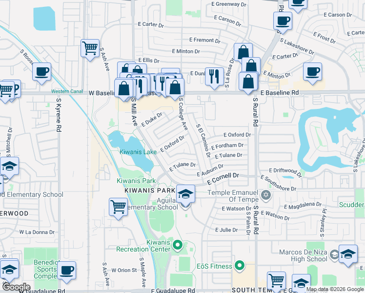map of restaurants, bars, coffee shops, grocery stores, and more near 5402 South College Avenue in Tempe