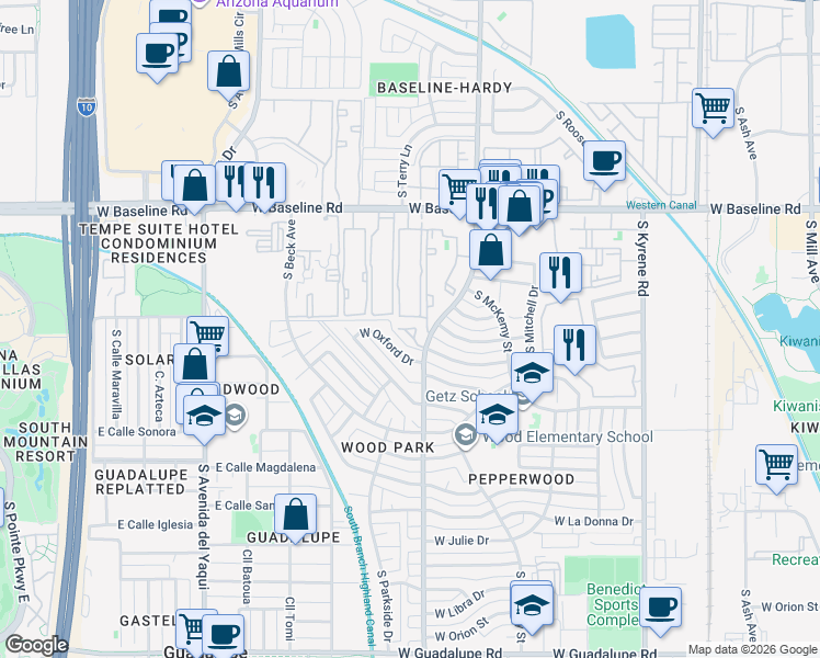 map of restaurants, bars, coffee shops, grocery stores, and more near 1133 West Baseline Road in Tempe