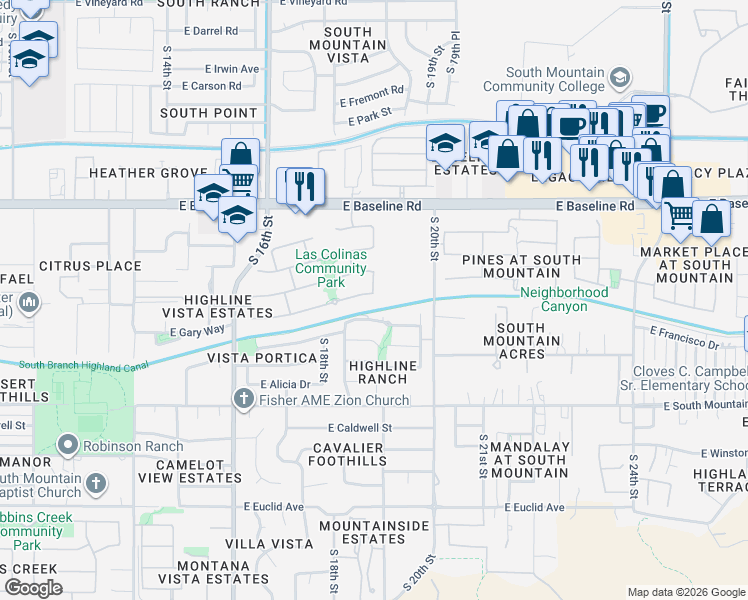 map of restaurants, bars, coffee shops, grocery stores, and more near 7813 South 18th Way in Phoenix