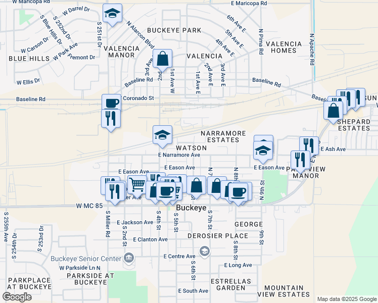 map of restaurants, bars, coffee shops, grocery stores, and more near 510 East Arizona Avenue in Buckeye
