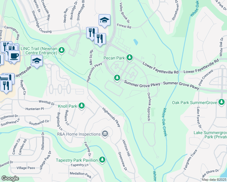 map of restaurants, bars, coffee shops, grocery stores, and more near 94 Tall Timbers Circle in Newnan