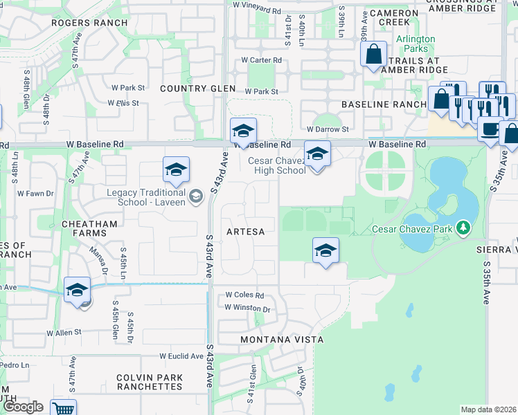 map of restaurants, bars, coffee shops, grocery stores, and more near 7907 South 41st Lane in Phoenix