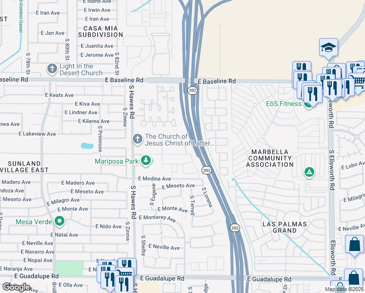 map of restaurants, bars, coffee shops, grocery stores, and more near 8557 East Kiowa Avenue in Mesa