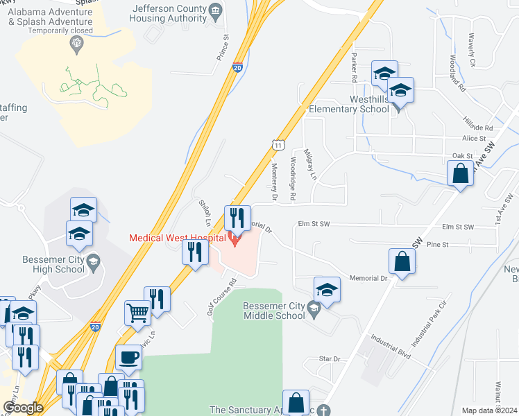 map of restaurants, bars, coffee shops, grocery stores, and more near 1016 Beaumont Road in Bessemer