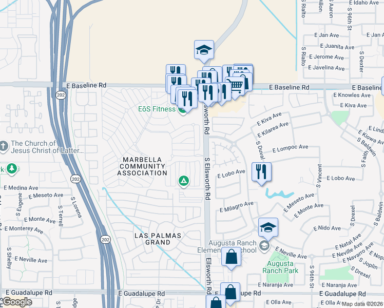 map of restaurants, bars, coffee shops, grocery stores, and more near South Ellsworth Road in Mesa