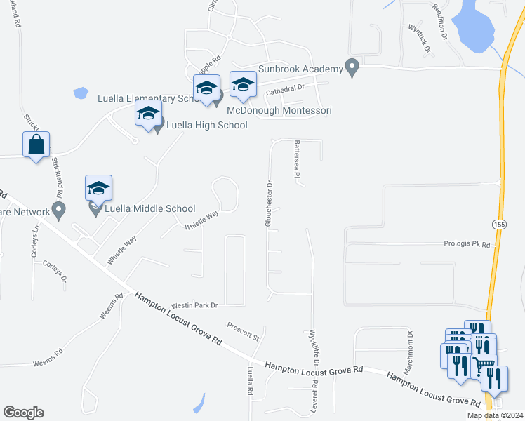 map of restaurants, bars, coffee shops, grocery stores, and more near 381 Glouchester Drive in Locust Grove