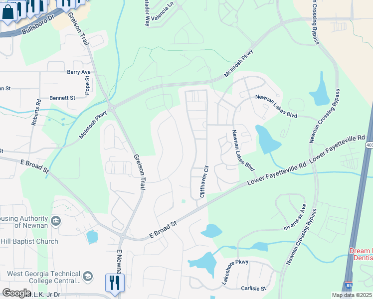 map of restaurants, bars, coffee shops, grocery stores, and more near 33 Brown Ridge Drive in Newnan