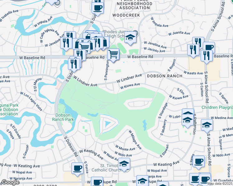 map of restaurants, bars, coffee shops, grocery stores, and more near 2167 South Cholla in Mesa