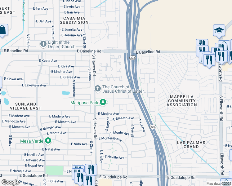 map of restaurants, bars, coffee shops, grocery stores, and more near 8523 East Lakeview Avenue in Mesa