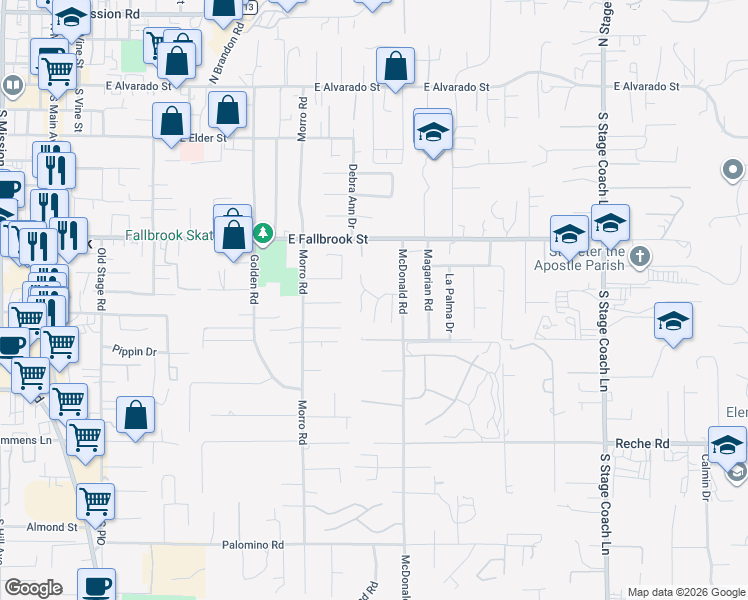 map of restaurants, bars, coffee shops, grocery stores, and more near 1030 Woodcreek Road in Fallbrook
