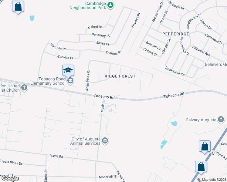 map of restaurants, bars, coffee shops, grocery stores, and more near 4619 Shadow Moss Court in Augusta