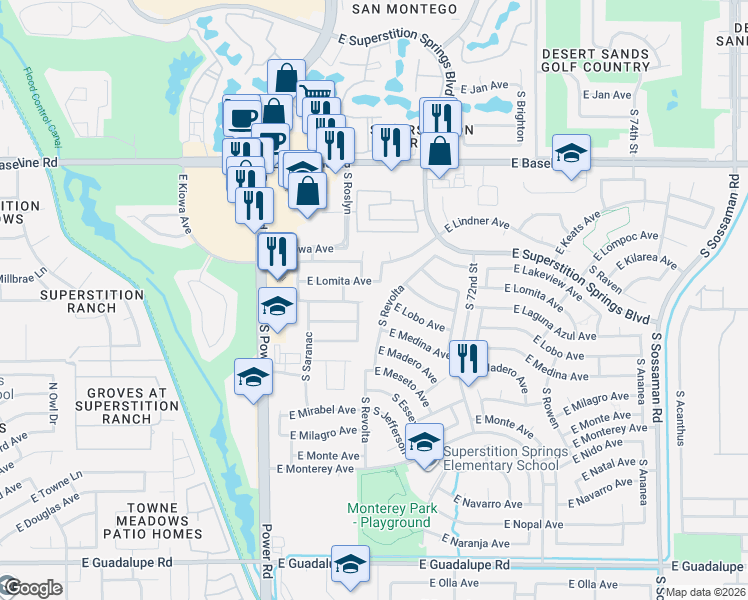 map of restaurants, bars, coffee shops, grocery stores, and more near 2231 South Longwood in Mesa