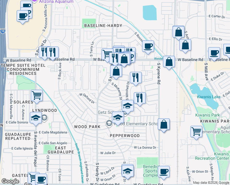 map of restaurants, bars, coffee shops, grocery stores, and more near 832 West Harvard Drive in Tempe