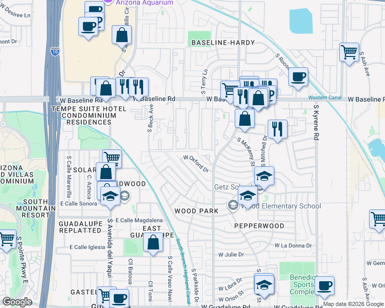 map of restaurants, bars, coffee shops, grocery stores, and more near 10 West Apartment in Tempe