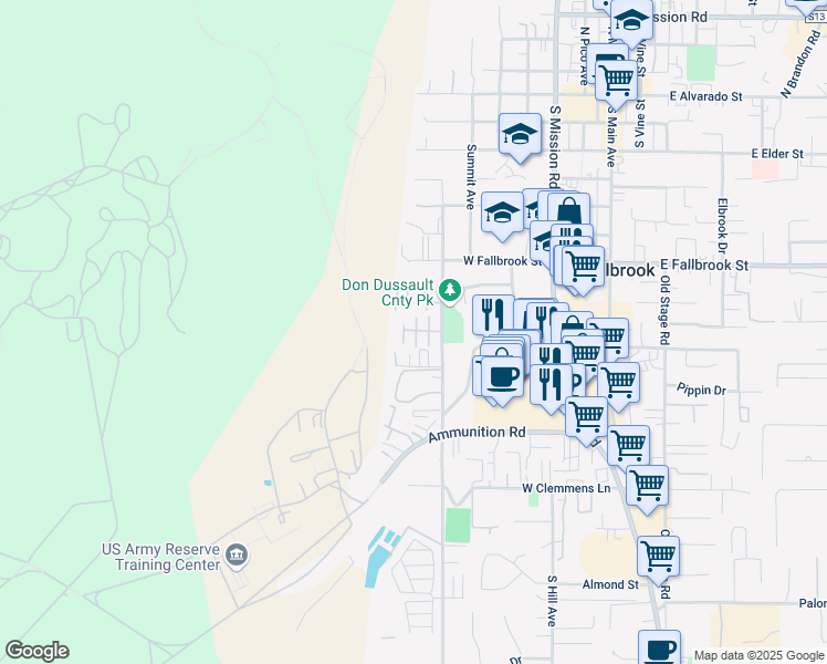 map of restaurants, bars, coffee shops, grocery stores, and more near 923 Alturas Road in Fallbrook