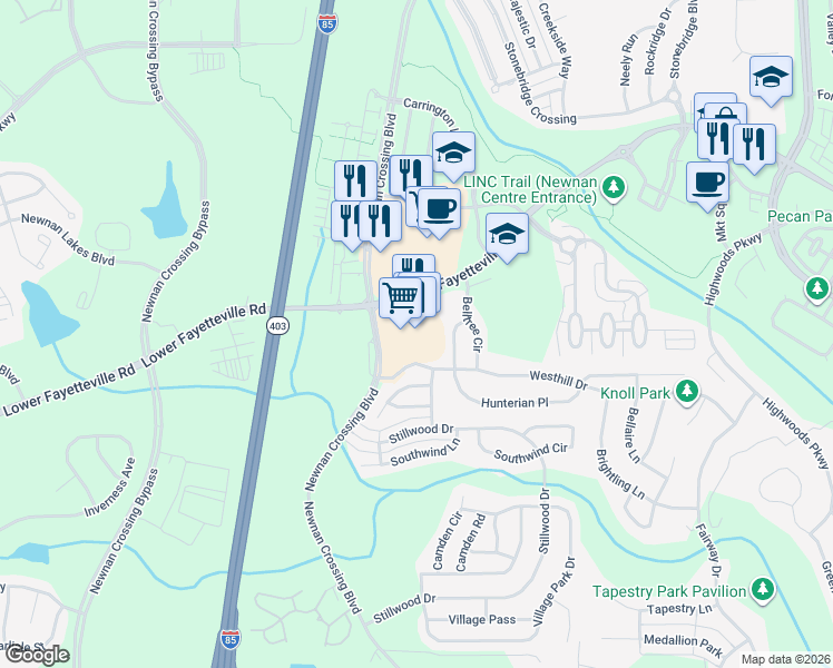 map of restaurants, bars, coffee shops, grocery stores, and more near 1111 Lower Fayetteville Road in Newnan