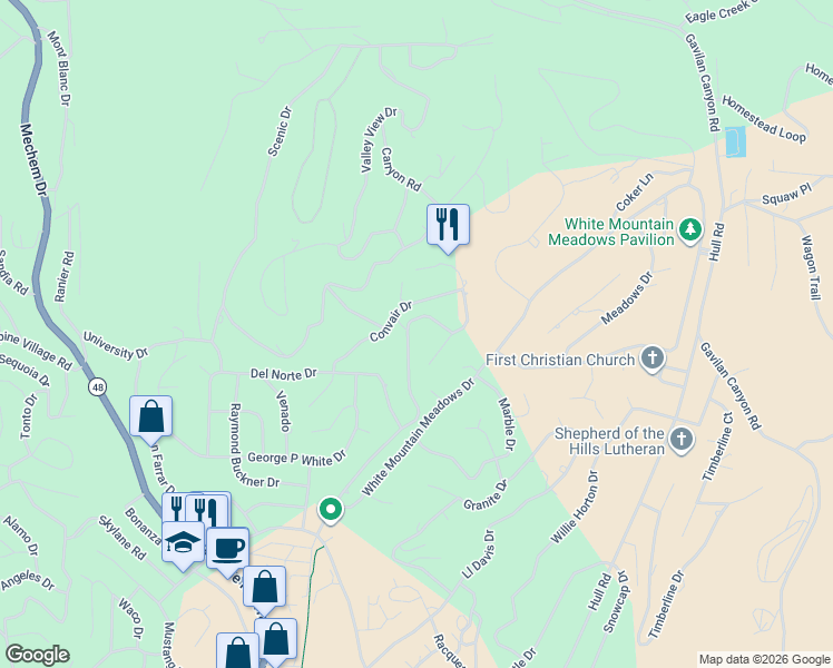 map of restaurants, bars, coffee shops, grocery stores, and more near 114 Convair Drive in Ruidoso