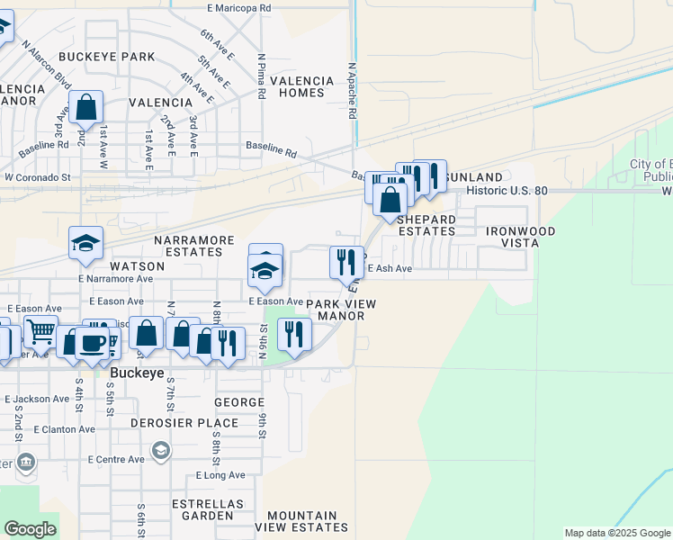 map of restaurants, bars, coffee shops, grocery stores, and more near 1022 East Narramore Avenue in Buckeye