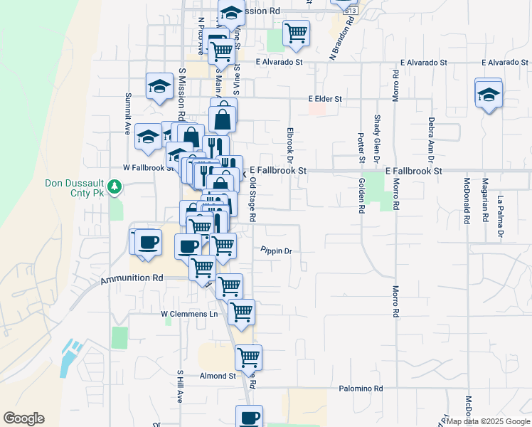 map of restaurants, bars, coffee shops, grocery stores, and more near 321 Womack Lane in Fallbrook