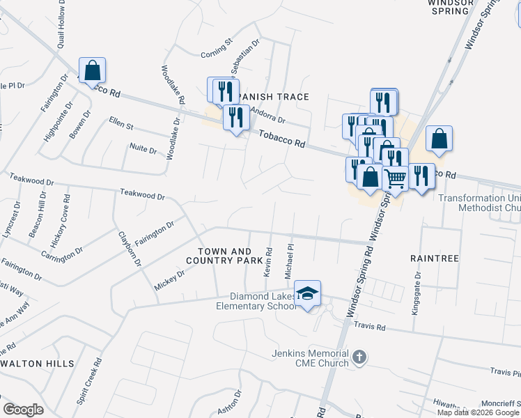 map of restaurants, bars, coffee shops, grocery stores, and more near 4169 Kevin Road in Hephzibah