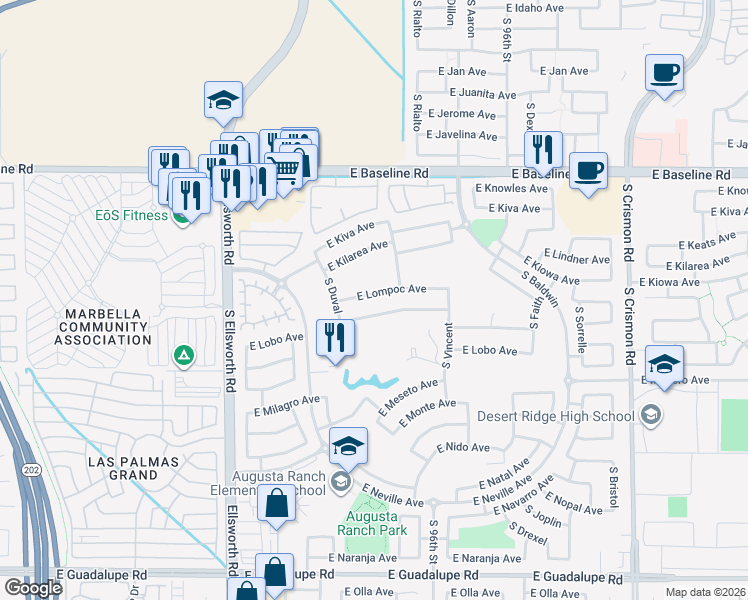 map of restaurants, bars, coffee shops, grocery stores, and more near 9466 East Lompoc Avenue in Mesa