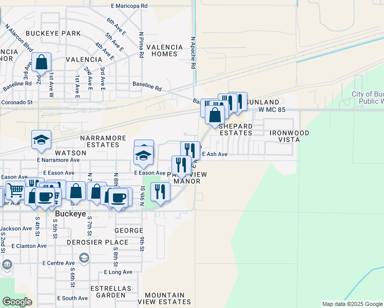 map of restaurants, bars, coffee shops, grocery stores, and more near 1022 East Narramore Avenue in Buckeye