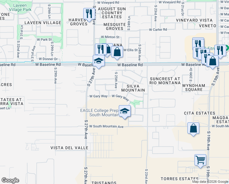 map of restaurants, bars, coffee shops, grocery stores, and more near 7915 South 25th Avenue in Phoenix