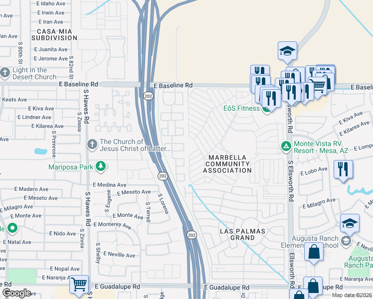 map of restaurants, bars, coffee shops, grocery stores, and more near 8758 East Lakeview Avenue in Mesa