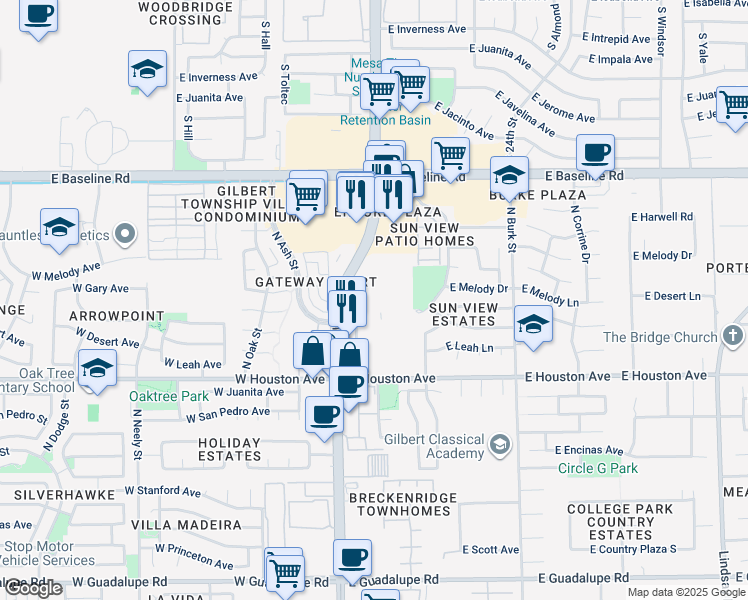 map of restaurants, bars, coffee shops, grocery stores, and more near 1501-1573 N Gilbert Rd in Gilbert