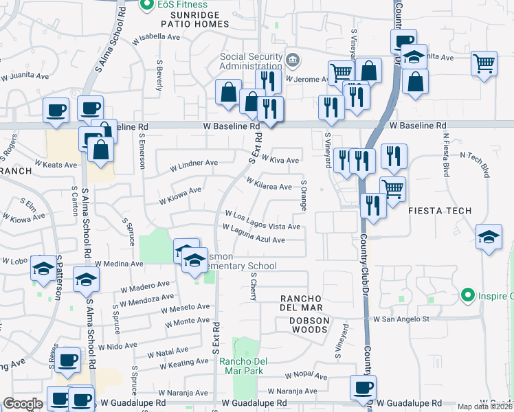 map of restaurants, bars, coffee shops, grocery stores, and more near 2206 South Cherry in Mesa