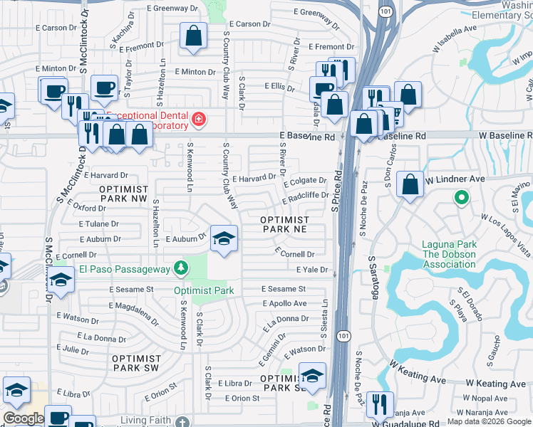 map of restaurants, bars, coffee shops, grocery stores, and more near 2040 East Radcliffe Drive in Tempe