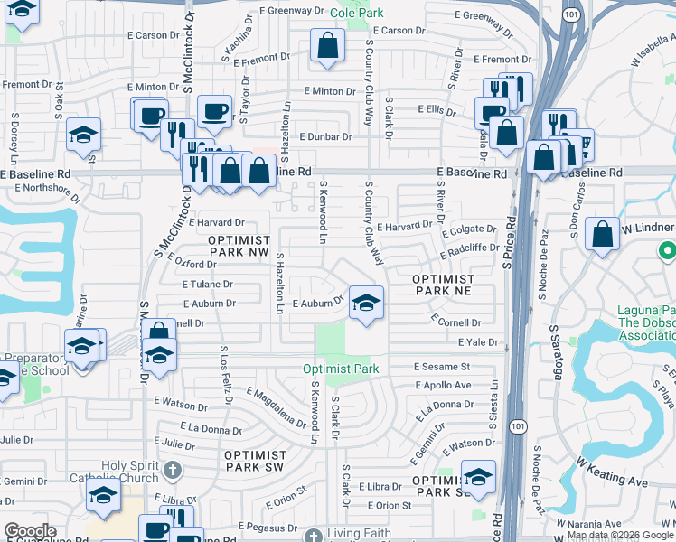 map of restaurants, bars, coffee shops, grocery stores, and more near 1975 East Colgate Drive in Tempe