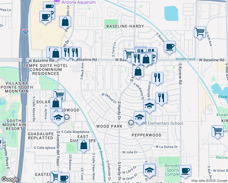 map of restaurants, bars, coffee shops, grocery stores, and more near 1133 West Baseline Road in Tempe